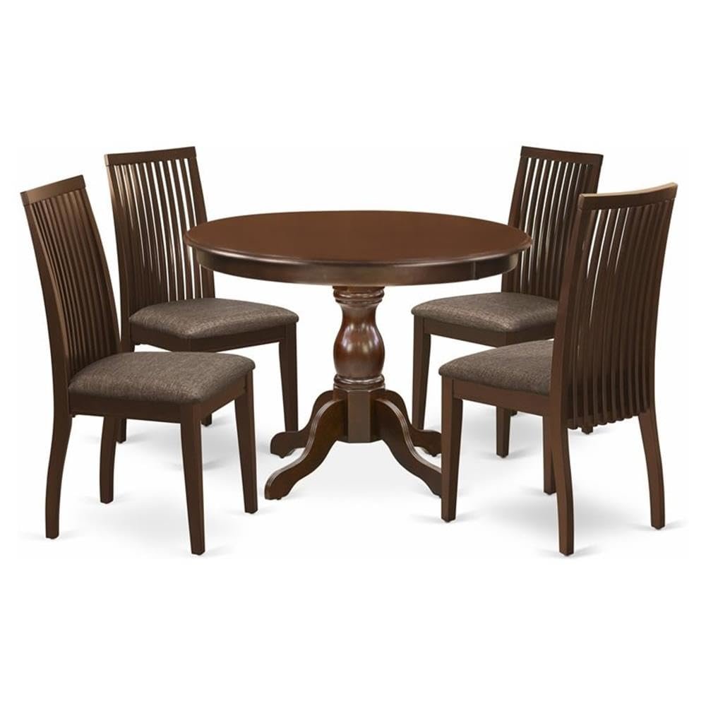 East West Furniture HBIP5-MAH-C 5 Piece Dinette Set for 4 Includes a Round Dining Room Table with Pedestal and 4 Linen Fabric Upholstered Dining Chairs, 42x42 Inch, Mahogany