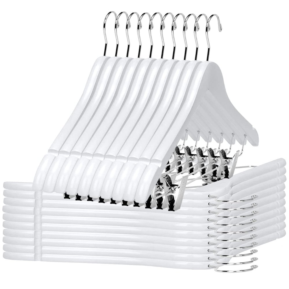 Quality Wooden Skirt Hangers with Clips, 20-Pack Semi Curved, Smooth Solid Wood Pants Hangers with Durable Adjustable Metal Clips, Swivel Hook, Coat, Jacket, Blouse Suit Hangers (White, 20)