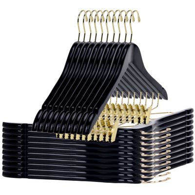 Quality Black Wooden Skirt Hangers with Clips, 20-Pack Smooth Solid Wood Pants Hangers with Durable Adjustable Metal Clips, Swivel Hook, Coat, Jacket, Blouse Suit Hangers (Black-Gold Hook, 20)