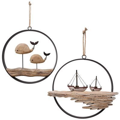 Nautical Wood Wall Decoration Rustic Wooden Hanging Circle Ocean Home Decor Hand Carved Beach Themed Ornament for Door (Whale + Sailboat)