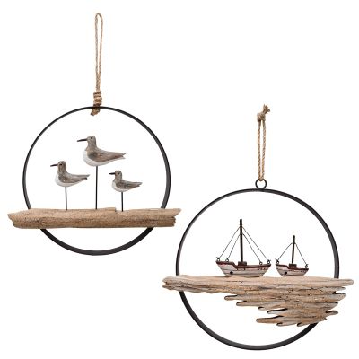 Nautical Wood Wall Decoration Rustic Wooden Hanging Circle Ocean Home Decor Hand Carved Beach Themed Ornament for Door (Seagull + Sailboat)