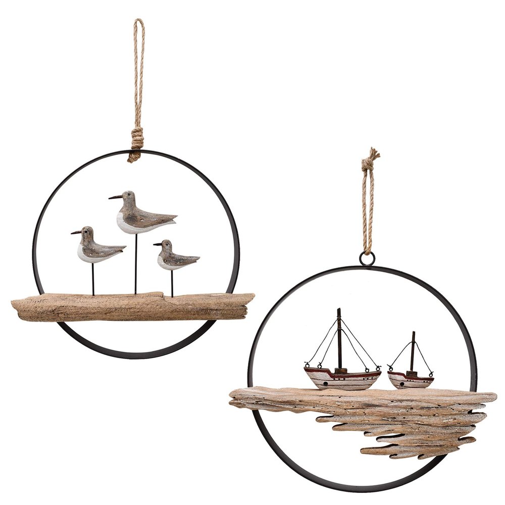 Nautical Wood Wall Decoration Rustic Wooden Hanging Circle Ocean Home Decor Hand Carved Beach Themed Ornament for Door (Seagull + Sailboat)