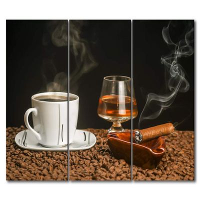 3 Panel Room Wall Picture Coffee with Cigar and Whiskey Paintings for Living Room Dcor Coffee Beans Artwork on Canvas Giclee Home Decoration Wooden Framed Gallery-Wrapped Ready to Hang, 60" Wx40 H