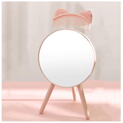 Y&J Round Table Mirror with Stand, Makeup Mirror for Dressing Table, Vanity Mirror with Comb, Adjustable Angle Base, for Decor, Bedroom, Living Room, Girl