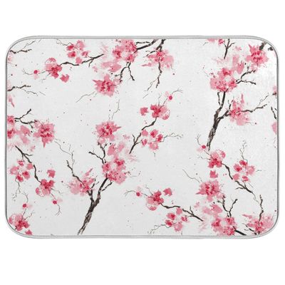Absorbent Dish Drying Mat for Kitchen Counter - Pink Watercolor Cherry Blossom Microfiber Drying Pad, Reversible Drainer Mats for Countertop, Large 18 x 24 inch