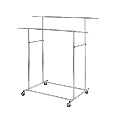 Benjara Dual Bar Tubular Metal Frame Garment Rack with Casters, Chrome