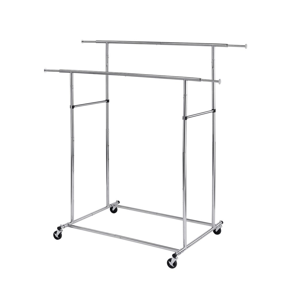 Benjara Dual Bar Tubular Metal Frame Garment Rack with Casters, Chrome