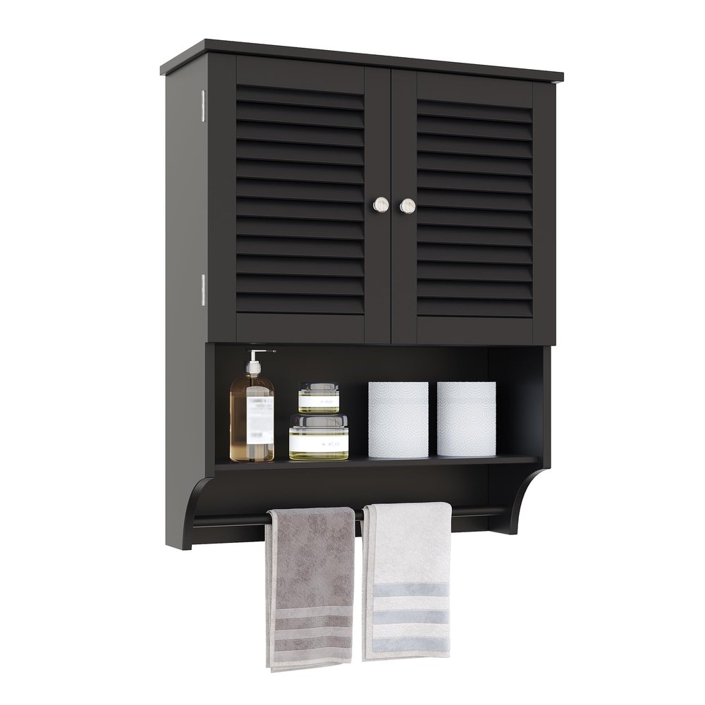 ChooChoo Bathroom Wall Cabinet with Towels Bar, 23.6" L x 8.8" W x 29.5" H MDF Material Medicine Cabinet, 2 Doors Over The Toilet Space Saver Storage Cabinet with Large Space, Black