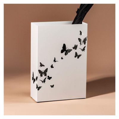 Umbrella Racks White Metal Umbrella Stand Holder, Umbrella Bucket with Movable Hook and Drip Tray, Butterfly Hollow Pattern Umbrella Basket