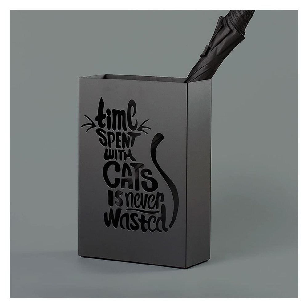 Umbrella Racks White Black Metal Umbrella Stand Holder, Umbrella Bucket with Movable Hook and Drip Tray, Umbrella Basket with Cat Hollow Pattern (Color : Black)