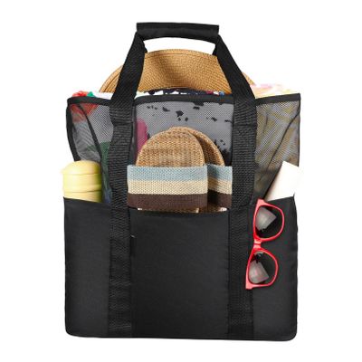 Cabilock Mesh Beach Bag with Exterior Pockets Versatile Tote for Grocery Fitness and Picnic Use Foldable Storage Black for Adventures
