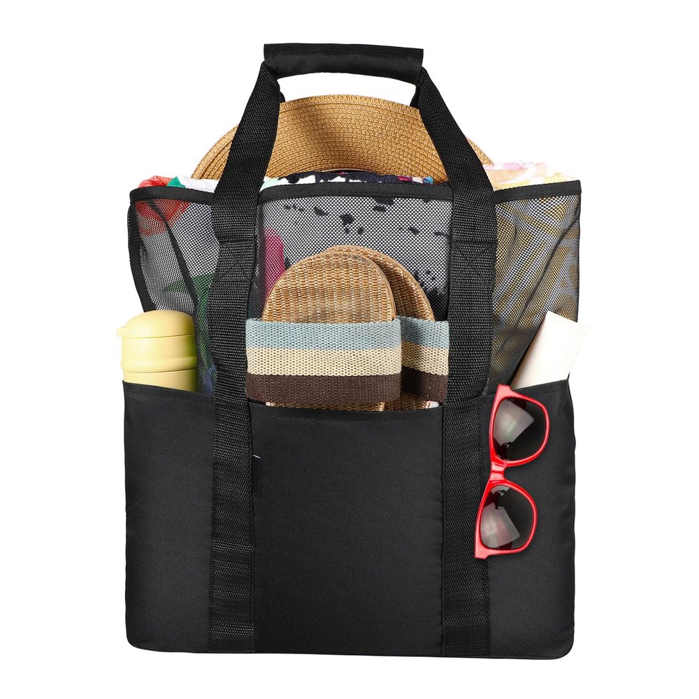 Cabilock Mesh Beach Bag with Exterior Pockets Versatile Tote for Grocery Fitness and Picnic Use Foldable Storage Black for Adventures