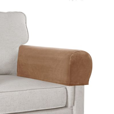 Stretch Velvet Plush Armrest Covers for Chairs and Sofas - Anti-Slip Couch Protector With Sticker - Furniture Arm Cover for Recliner, 4 Pieces, Camel