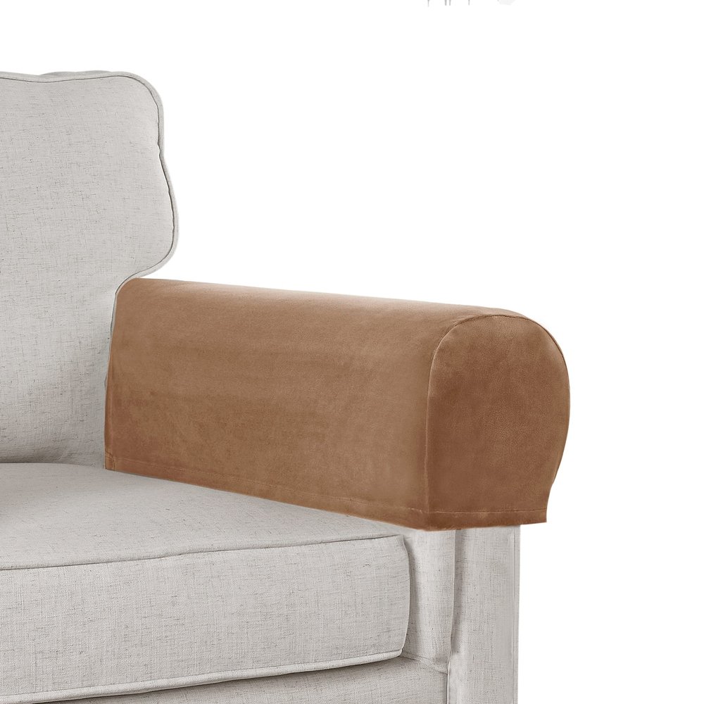 Stretch Velvet Plush Armrest Covers for Chairs and Sofas - Anti-Slip Couch Protector With Sticker - Furniture Arm Cover for Recliner, 4 Pieces, Camel