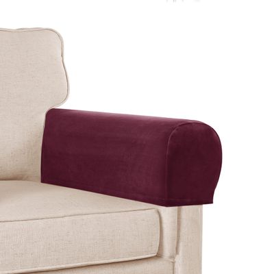 Burgundy Velvet Plush Arm Covers for Chairs & Sofas - Anti-Slip Couch Armrest Protectors, Set of 2