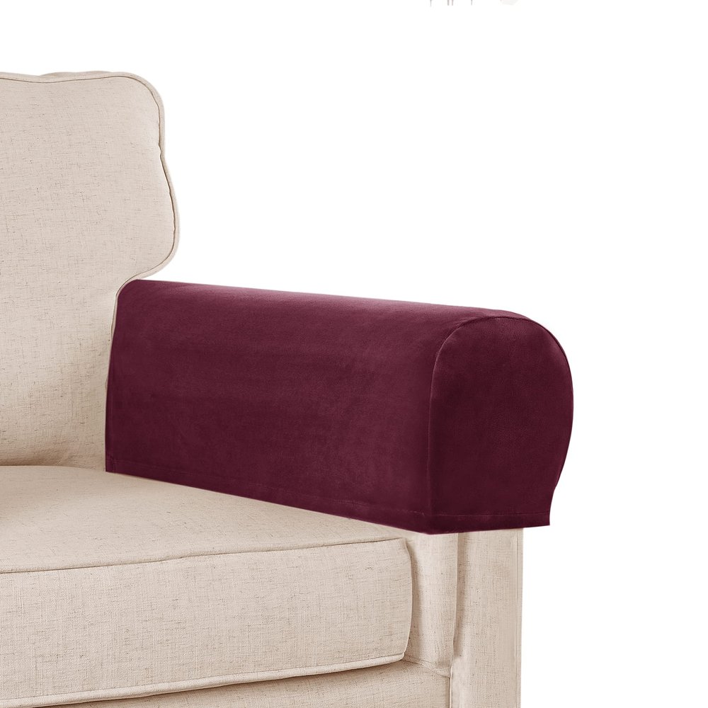 Burgundy Velvet Plush Arm Covers for Chairs & Sofas - Anti-Slip Couch Armrest Protectors, Set of 2