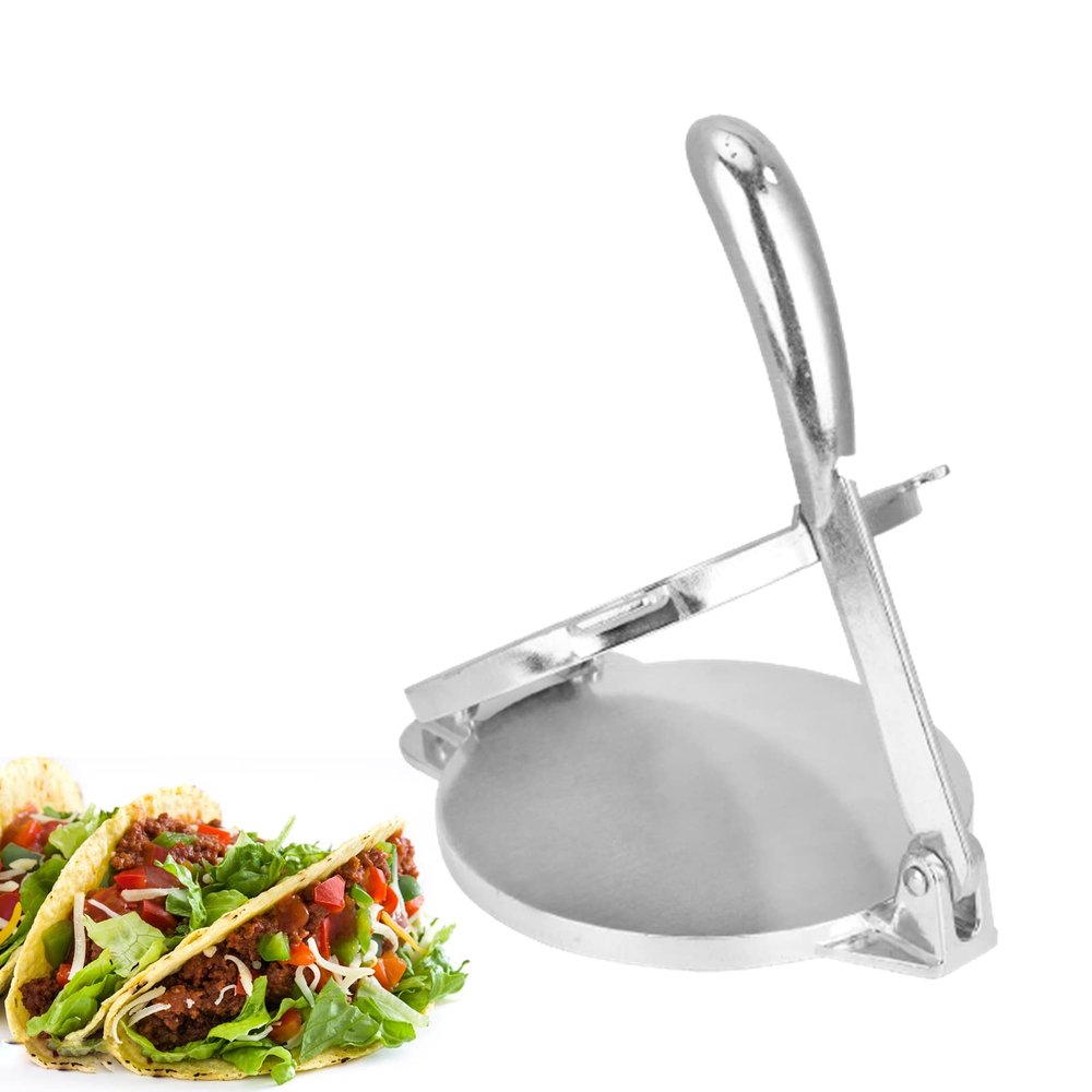 8.7 Inch Cast Iron Tortilla Press, Foldable DIY Pastry Dough Press, Kitchen Tool for Making Tacos, Burritos, Flatbread, Silver