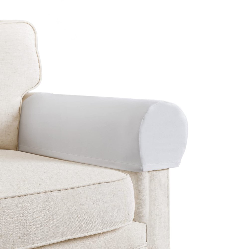 Stretch Velvet Plush Armrest Covers for Chairs and Sofas - Anti-Slip Couch Protector With Sticker - Furniture Arm Cover for Recliner, Set of 2, Off White