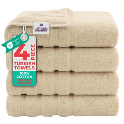 American Soft Linen Luxury 4 Piece Bath Towel Set, 600 GSM 100% Cotton Turkish Bath Towels for Bathroom, 27x54 in Extra Large Bathroom Shower Towels, Beige
