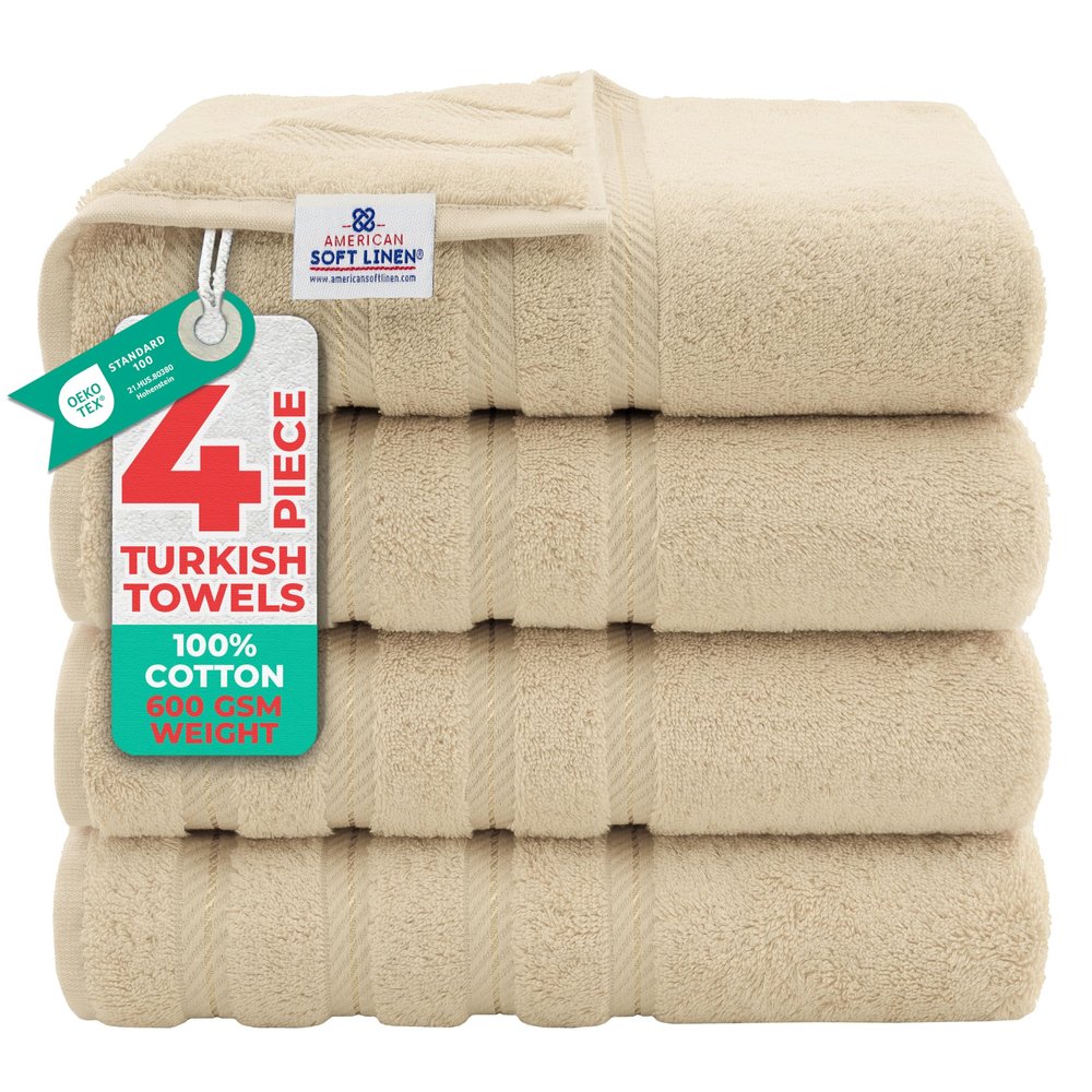 American Soft Linen Luxury 4 Piece Bath Towel Set, 600 GSM 100% Cotton Turkish Bath Towels for Bathroom, 27x54 in Extra Large Bathroom Shower Towels, Beige