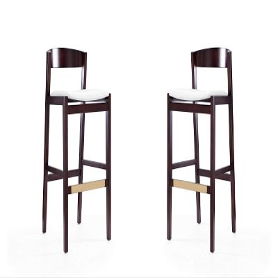 Manhattan Comfort Klismos 31 Inch Mid Century Modern Bar Stools - Faux Leather Padded Seat, Beech Wood Base with Elegant Gold Metal Footrest, Fully Assembled Barstools, Set of 2, Ivory/Dark Walnut
