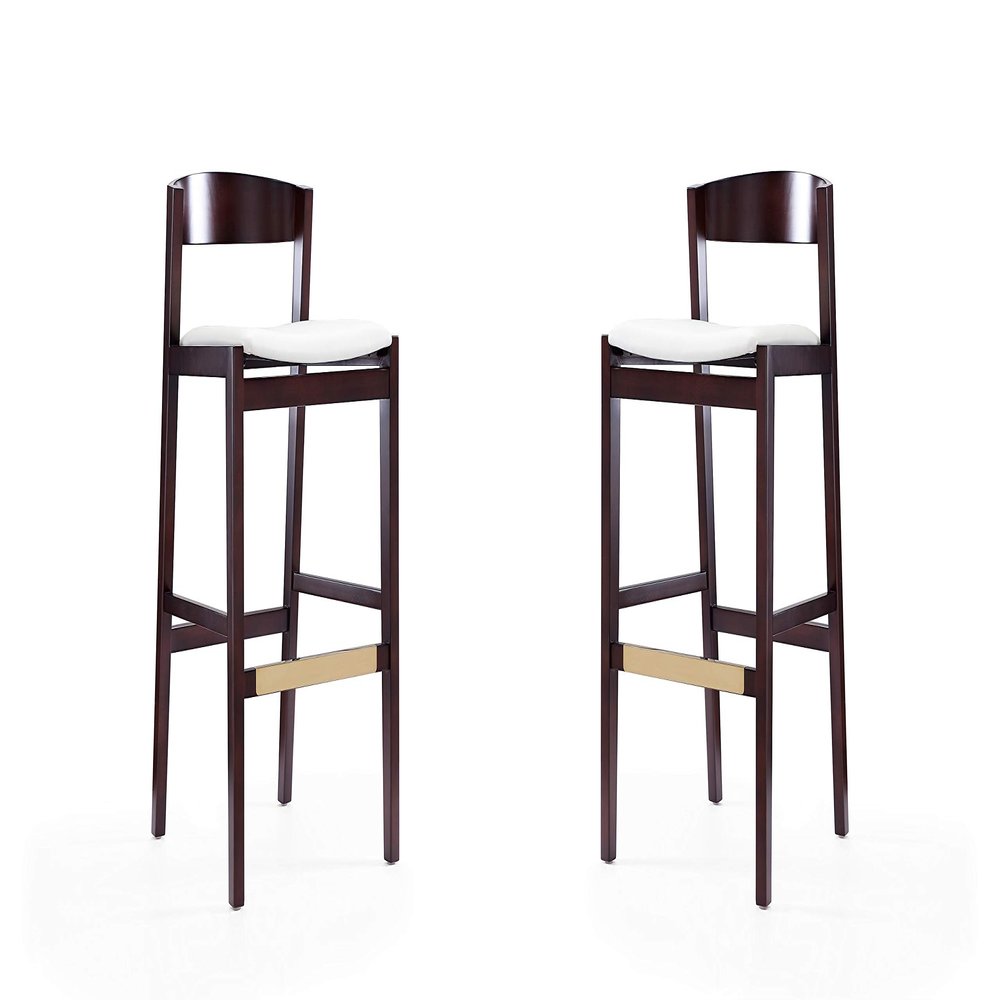 Manhattan Comfort Klismos 31 Inch Mid Century Modern Bar Stools - Faux Leather Padded Seat, Beech Wood Base with Elegant Gold Metal Footrest, Fully Assembled Barstools, Set of 2, Ivory/Dark Walnut