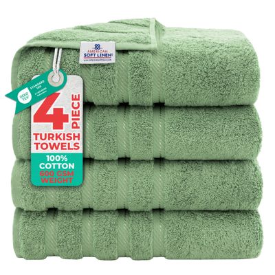 American Soft Linen Luxury 4 Piece Bath Towel Set, 600 GSM 100% Cotton Turkish Bath Towels for Bathroom, 27x54 in Large Bathroom Shower Towels, Sage Green