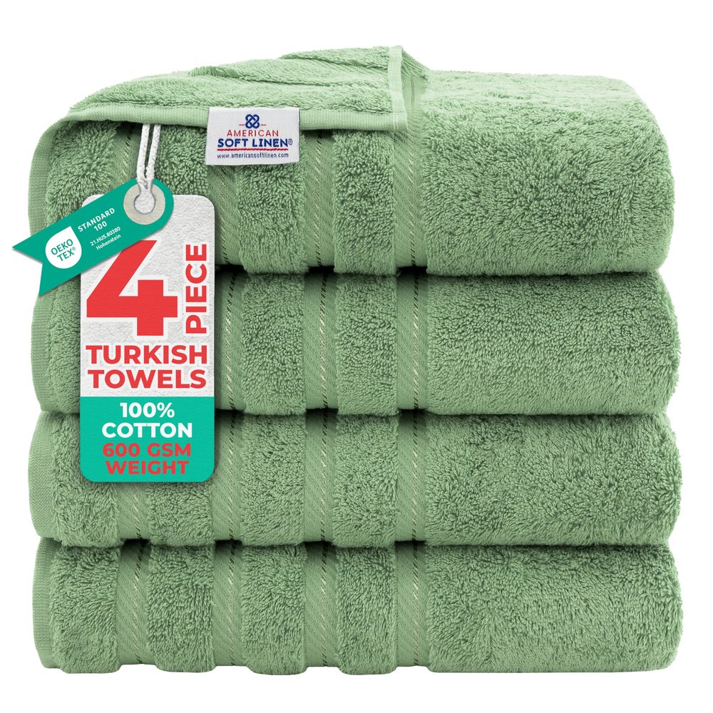 American Soft Linen Luxury 4 Piece Bath Towel Set, 600 GSM 100% Cotton Turkish Bath Towels for Bathroom, 27x54 in Large Bathroom Shower Towels, Sage Green