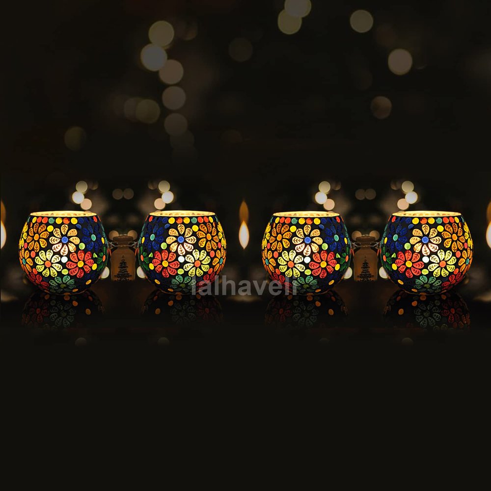 Lalhaveli Home Decorations Mosiac Glass Flower Tea Light Candle Holder Set of 4 Pcs Votive Light (Candle Included)