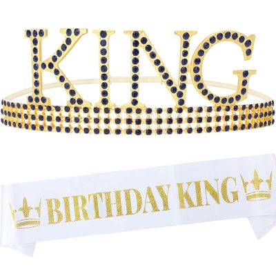 MEANT2TOBE Royal Birthday Accessories for Men - Gold Metal Crown, Sash, and Pin for King Themed Party Decorations