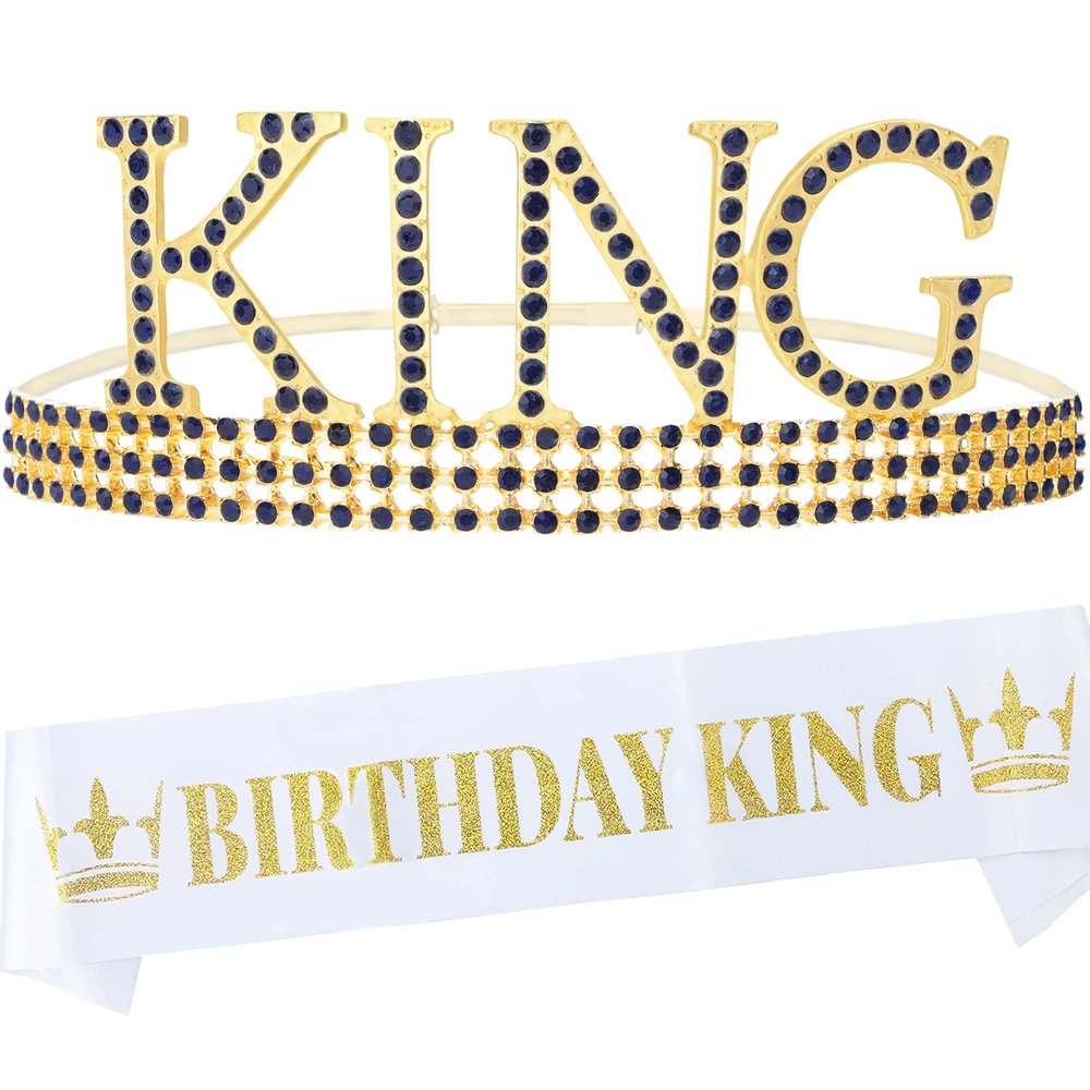 MEANT2TOBE Royal Birthday Accessories for Men - Gold Metal Crown, Sash, and Pin for King Themed Party Decorations