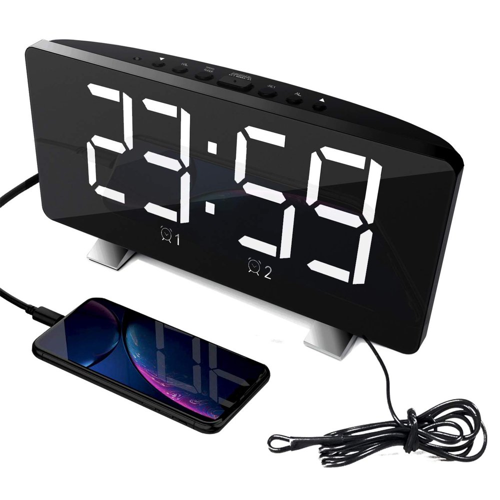 ThreeH Alarm Clock Radio for Bedroom with Dual USB Charging Ports 4 Diming Mode 7.3'' LED Screen 12/24 Hour Mode Snooze Function White