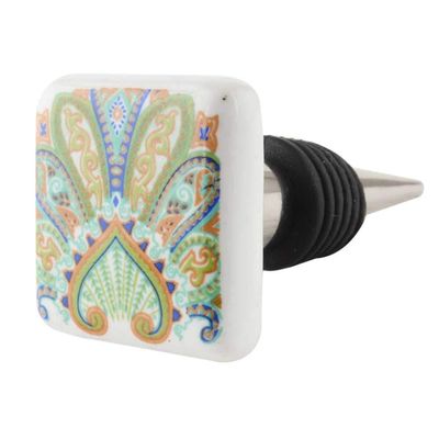 Indian Shelf Floral Printing Flat Wine Stopper | Wine Corks | Rubber Ceramic Wine Accessories [Multicolor, 4 Pack]