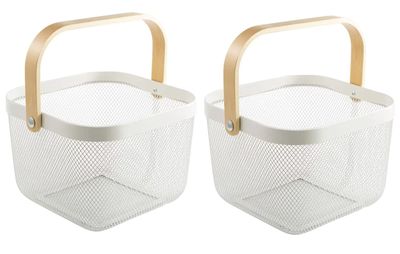 AJIODA 2 Pack Metal Mesh Steel Basket, Storage Organizer Basket Multi-function Hanging Kitchen Baskets Fruit Basket Bin with Wood Handle for Kitchen Bathroom Picnic Cabinet Home Decor, White