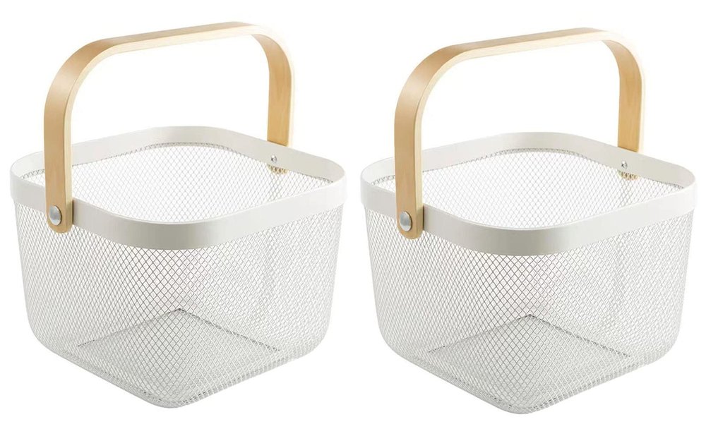 AJIODA 2 Pack Metal Mesh Steel Basket, Storage Organizer Basket Multi-function Hanging Kitchen Baskets Fruit Basket Bin with Wood Handle for Kitchen Bathroom Picnic Cabinet Home Decor, White