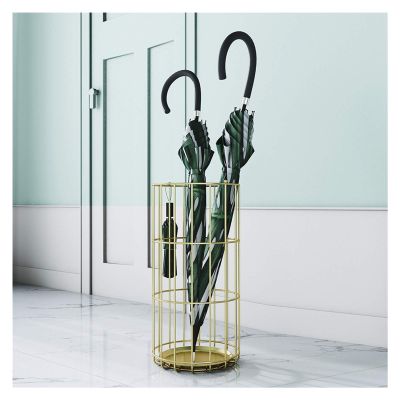 Umbrella Racks Golden Iron Umbrella Stand Holder, Large-Capacity Umbrella Basket with Hook and Drip Tray, Umbrella Storage for Hotel Office Entrance, 25x50cm