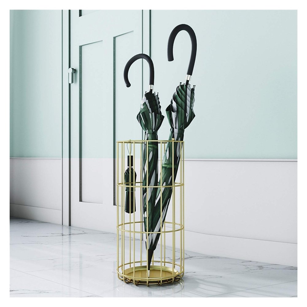 Umbrella Racks Golden Iron Umbrella Stand Holder, Large-Capacity Umbrella Basket with Hook and Drip Tray, Umbrella Storage for Hotel Office Entrance, 25x50cm