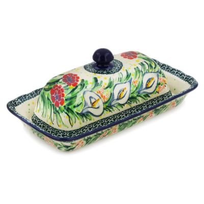 Polmedia Polish Pottery Butter Dish UNIKAT - Canna Lily Elegance Pattern Handmade in Boleslawiec Poland by Ceramika Artystyczna + Certificate of Authenticity