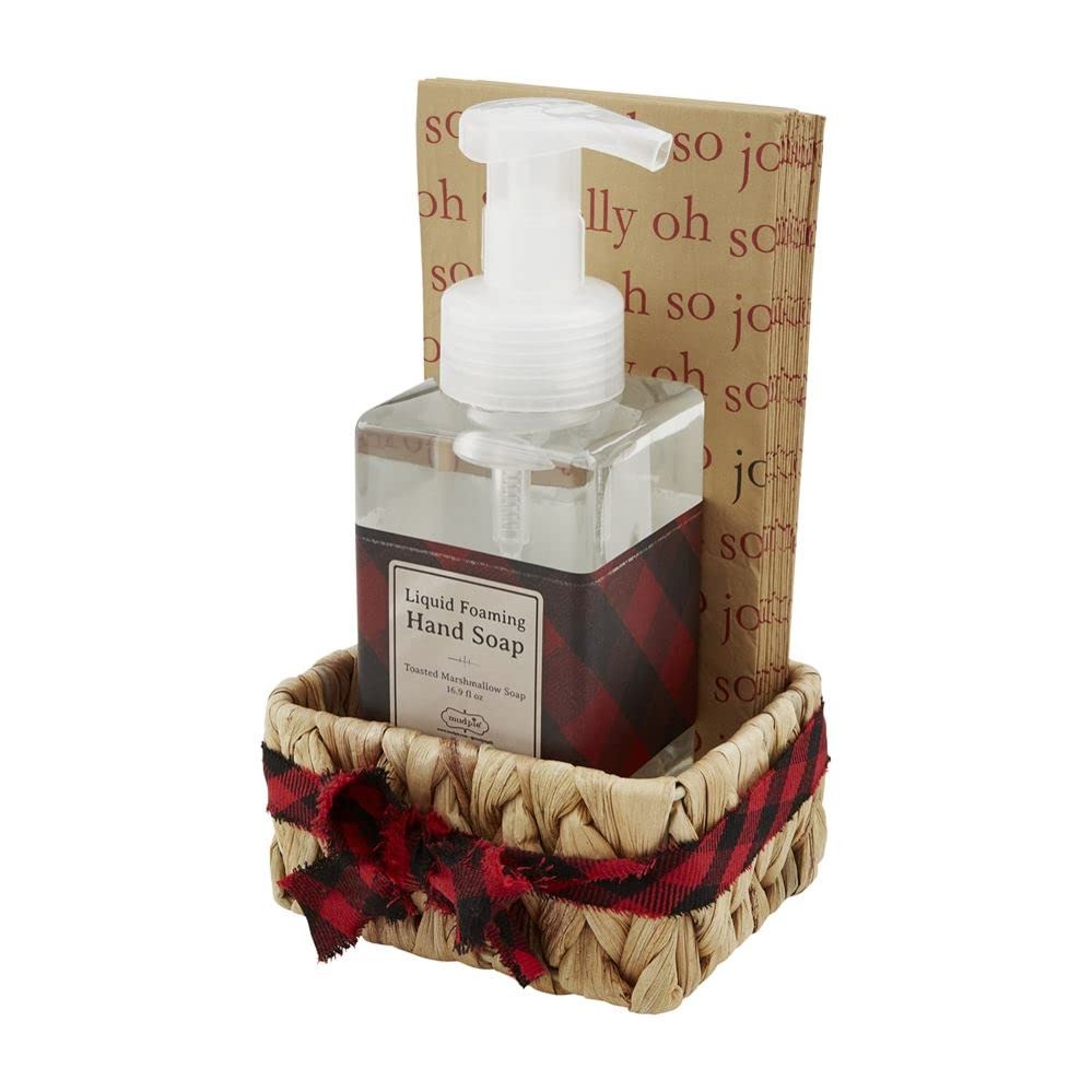 Mud Pie Christmas Toasted Marshmallow Scented Soap & Napkin Basket Set, Red Check