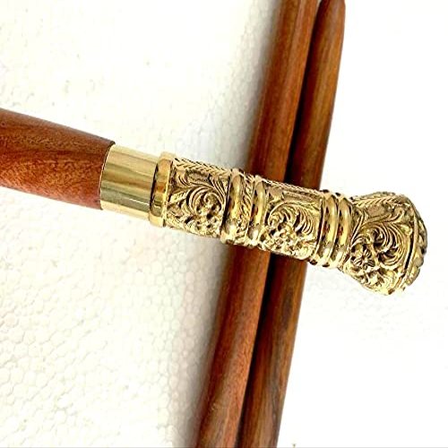 Vimal Nautical 36 to 37" INCH Approx Handmade Hiking Stick, Vintage Style Wooden Walking Cane, Long Antique Brass Handle Imperial Style Walking Stick, Unisex Cane Gift