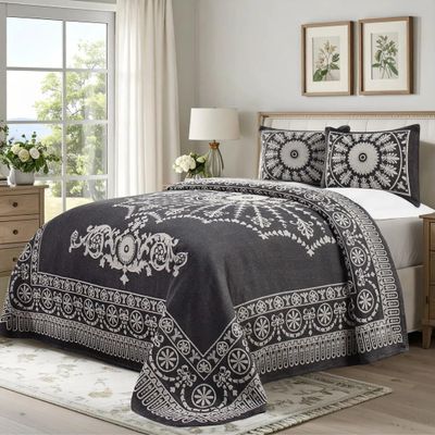 Superior Oversized Premium Bedspread Set Bohemian Style Jacquard-Weave Textured Medallion, Cotton-Polyester Blend with Matching Pillow Shams, Soft and Lightweight Bedspread (Charcoal, King)
