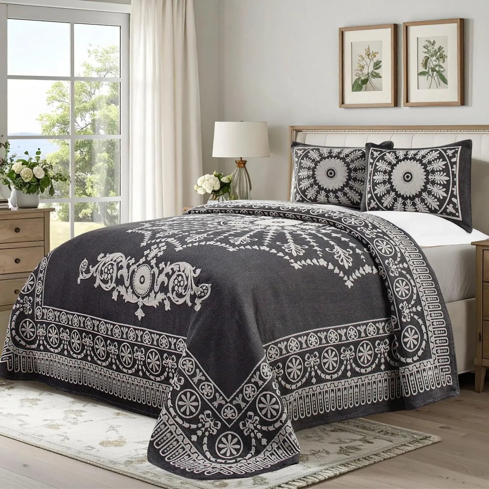 Superior Oversized Premium Bedspread Set Bohemian Style Jacquard-Weave Textured Medallion, Cotton-Polyester Blend with Matching Pillow Shams, Soft and Lightweight Bedspread (Charcoal, King)