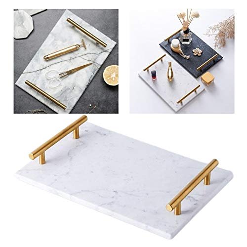 Anncus Natural Rectangular Marble Tray with Gold Metal Handles for Kitchen Bathroom - (Color: White)