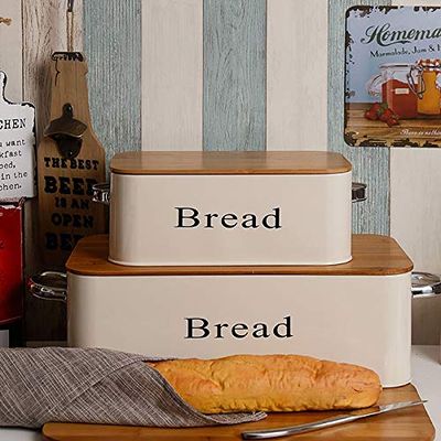 Anncus Oversized French bamboo cover binaural bread box Large small storage box rectangular galvanized iron box WJ102614 - (Size: L, Color: Beige)