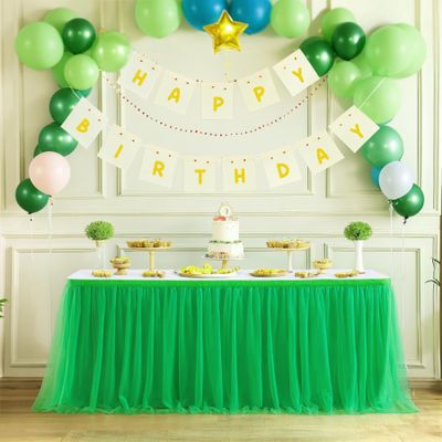 14ft Green Table Skirt Tulle Tutu Table Clothes for Birthday Boy Girl Baby Shower Gender Neutral Graduation, Hawaiian Jungle Luau Themed Party, Animal Safari Theme Party Decorations