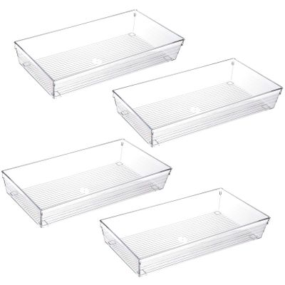 4 Pack 12"x 6" Large Size Clear Plastic Desk Drawer Organizer Tray Bathroom Office Kitchen Utensils Silverware Gadgets Dividers Desk Drawer Storage Bins Container for Dresser Cosmetic Makeup