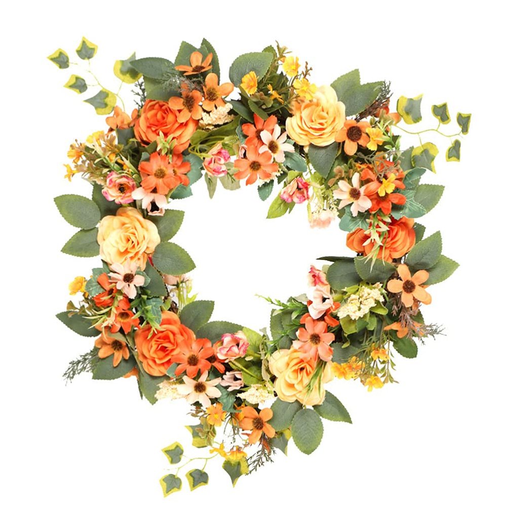 ABOOFAN Artificial Peony Wreath Daisies Flower Garland Front Door Wreath Spring Summer Wreath Green Leaves Wreath Front Door Decorations Wedding Decoration