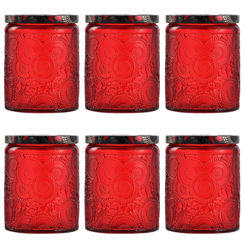 EXCEART 6Pcs Glass Candle Jars with Lids Bulk Round Embossed Candle Making Containers Mason Jars for Diy Maker Supplies and Party Favors 2.7In X 2.7In X 3.5In