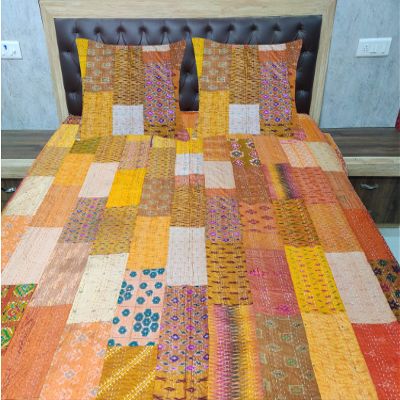 Blanket Bedding Bedspread Bed Kantha Vintage Handmade Silk Patchwork Indian Art Cover India Sari Bohemian Spreads Washed Patola Spread Quilt