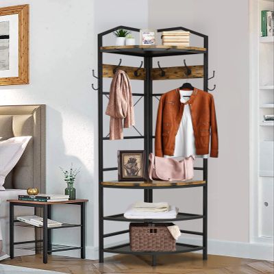 Recaceik 5-in-1 Hall Tree Entryway Bench Coat Rack with 11 Hooks and 2 Hanging Rods, Grid Panel Home Organizer Shoe Shelf for Corner, Hallway, Closet, Rustic Brown